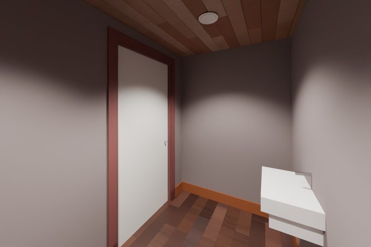 3D model render, not a photograph: restroom, single, from the north-west corner looking south-east