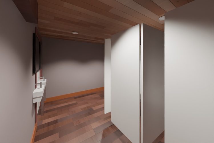 3D model render, not a photograph: restroom, stalls and urinal, from the south-east corner looking north-west