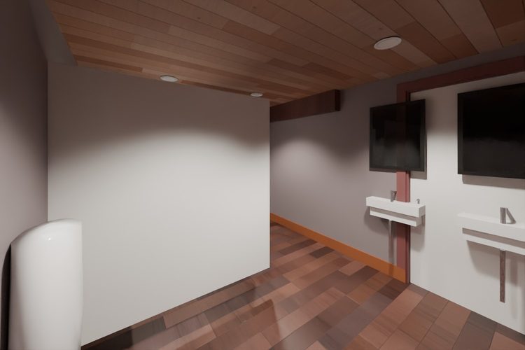 3D model render, not a photograph: restroom, stalls and urinal, from the north-west corner looking south-east