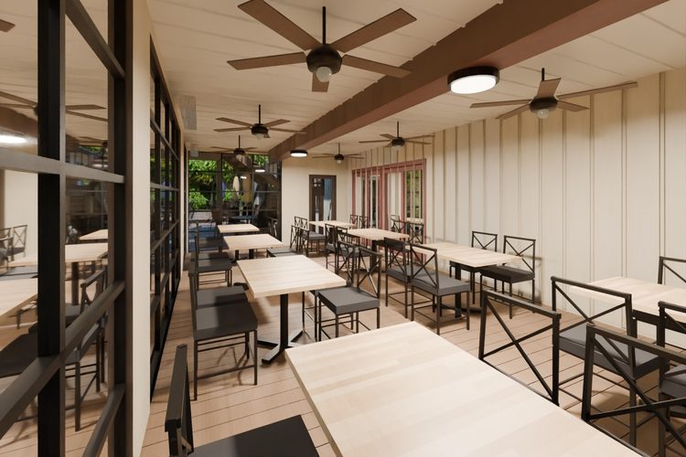 3D model render, not a photograph: enclosed porch, from the south-east corner looking north-west