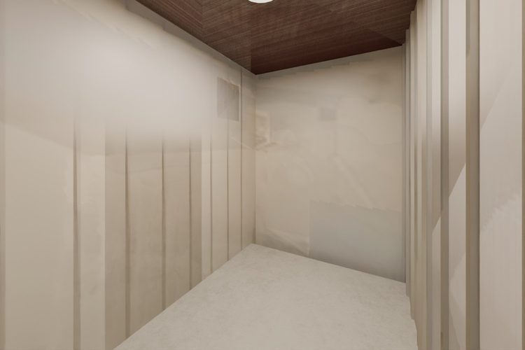 3D model render, not a photograph: storage room, from the south-east corner looking north-west