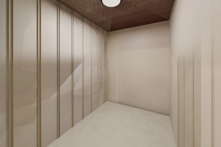 3D model render, not a photograph: storage room, from the north-west corner looking south-east