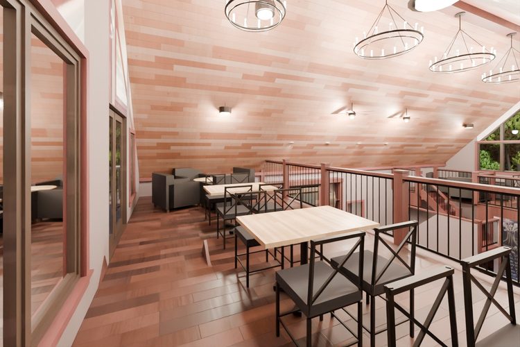 3D model render, not a photograph: west loft, from the south-east corner looking north-west