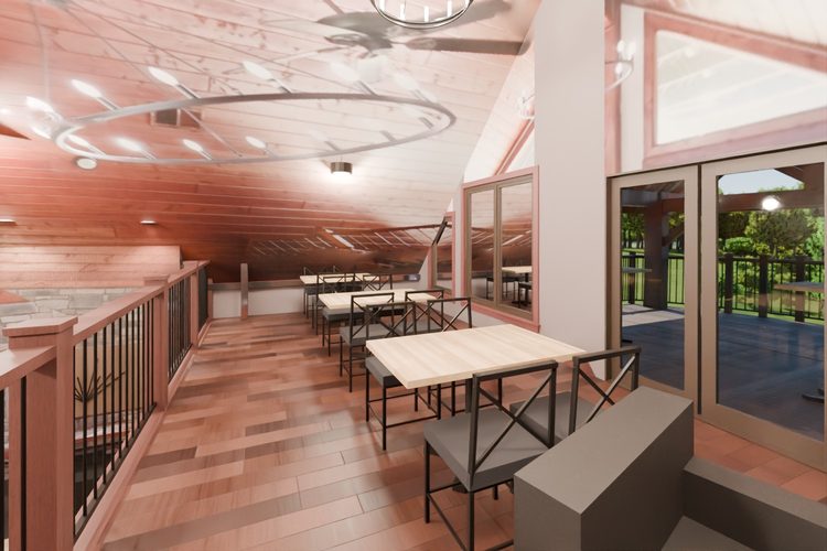 3D model render, not a photograph: west loft, from the north-west corner looking south-east