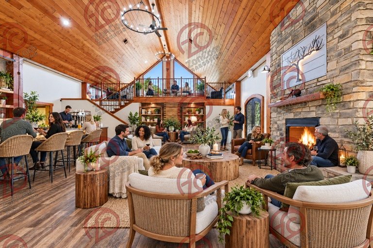 Conceptual rendering — digitally altered: retreats & hospitality concept for the great hall, created from the photograph “Great hall with both fireplace and loft in view”