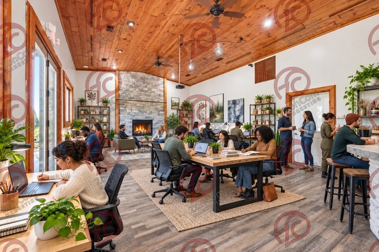 Conceptual rendering — digitally altered: Adaptive reuse, dining room, view 3 of 10, made from the photograph “Dining room with cathedral pine ceiling and stone fireplace”.
