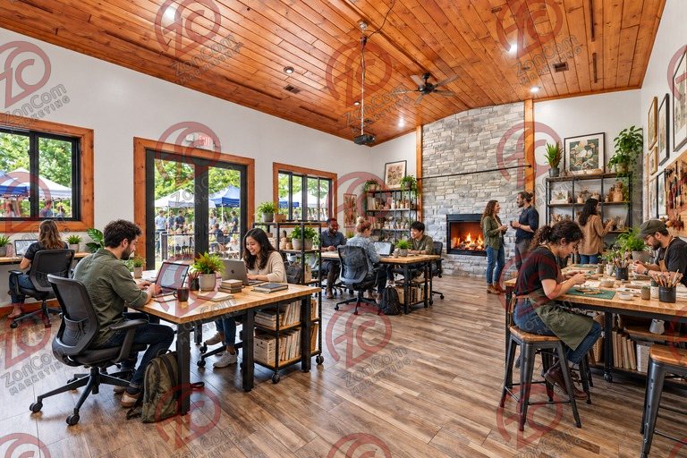Conceptual rendering — digitally altered: Adaptive reuse, dining room, view 4 of 10, made from the photograph “Dining room toward the fireplace, windows to the north deck”.