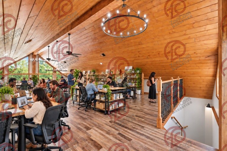 Conceptual rendering — digitally altered: Adaptive reuse, loft, view 6 of 10, made from the photograph “Loft gathering room overlooking the great hall”.