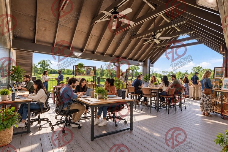 Conceptual rendering — digitally altered: Adaptive reuse, upper deck, view 7 of 10, made from the photograph “Covered upper deck under the timber gable”.