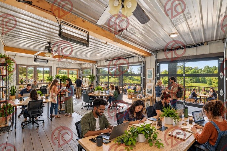 Conceptual rendering — digitally altered: Adaptive reuse, enclosed porch, view 8 of 10, made from the photograph “Enclosed porch with glass overhead doors, ceiling fans and radiant heaters”.