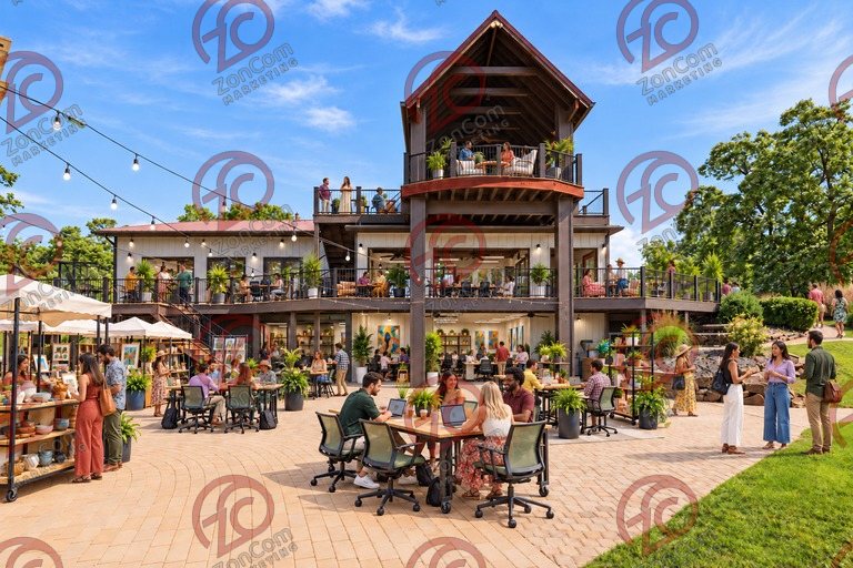 Conceptual rendering — digitally altered: Adaptive reuse, patio, view 9 of 10, made from the photograph “Lower patio under the string lights, covered upper deck above”.