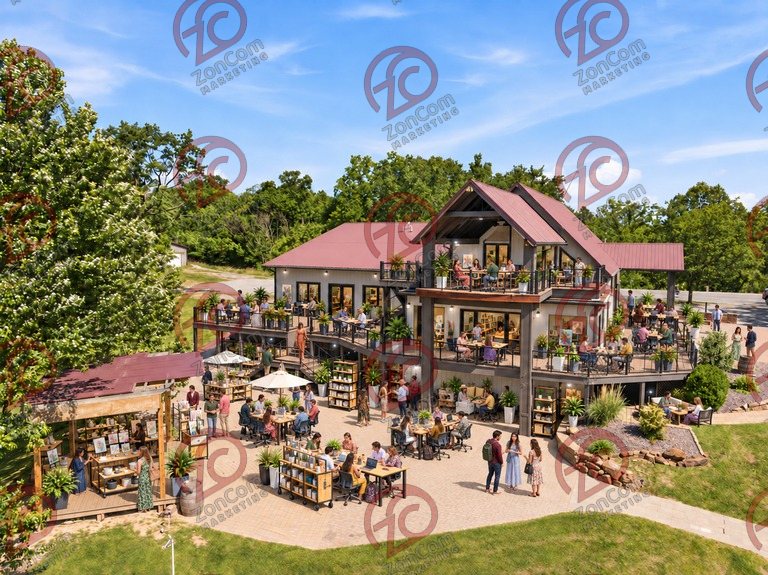Conceptual rendering — digitally altered: Adaptive reuse, aerial, view 10 of 10, made from the photograph “Stacked decks, patio and pergola”.