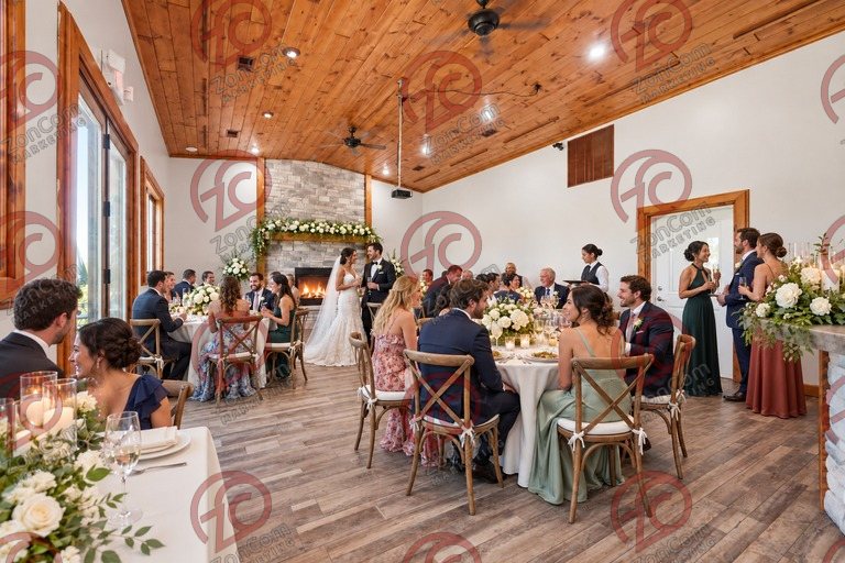 Conceptual rendering — digitally altered: Events & weddings, dining room, view 3 of 10, made from the photograph “Dining room with cathedral pine ceiling and stone fireplace”.