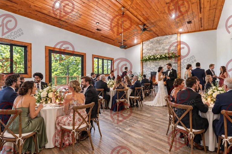 Conceptual rendering — digitally altered: Events & weddings, dining room, view 4 of 10, made from the photograph “Dining room toward the fireplace, windows to the north deck”.