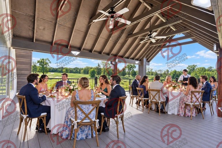 Conceptual rendering — digitally altered: Events & weddings, upper deck, view 7 of 10, made from the photograph “Covered upper deck under the timber gable”.
