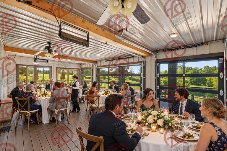 Conceptual rendering — digitally altered: Events & weddings, enclosed porch, view 8 of 10, made from the photograph “Enclosed porch with glass overhead doors, ceiling fans and radiant heaters”.