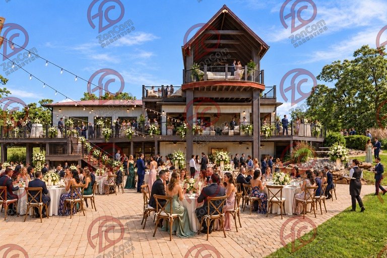 Conceptual rendering — digitally altered: Events & weddings, patio, view 9 of 10, made from the photograph “Lower patio under the string lights, covered upper deck above”.