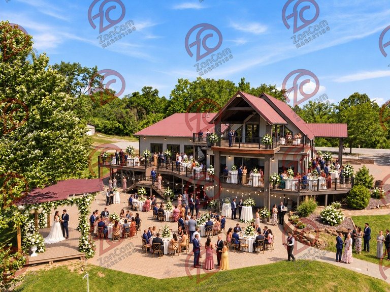 Conceptual rendering — digitally altered: Events & weddings, aerial, view 10 of 10, made from the photograph “Stacked decks, patio and pergola”.