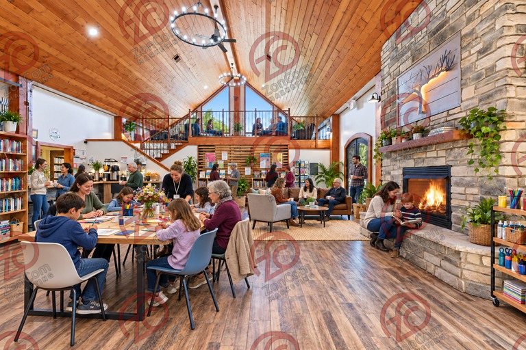 Conceptual rendering — digitally altered: Community & nonprofit, great hall, view 1 of 10, made from the photograph “Great hall with both fireplace and loft in view”.