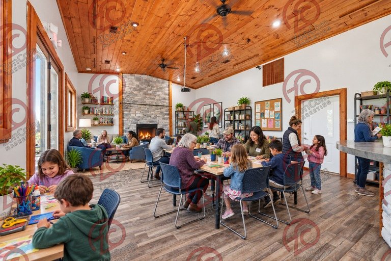 Conceptual rendering — digitally altered: Community & nonprofit, dining room, view 3 of 10, made from the photograph “Dining room with cathedral pine ceiling and stone fireplace”.