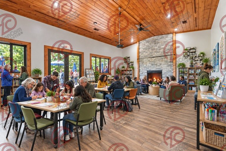 Conceptual rendering — digitally altered: Community & nonprofit, dining room, view 4 of 10, made from the photograph “Dining room toward the fireplace, windows to the north deck”.