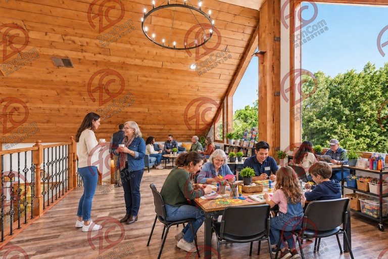 Conceptual rendering — digitally altered: Community & nonprofit, loft, view 5 of 10, made from the photograph “Loft lounge at the top of the stair”.