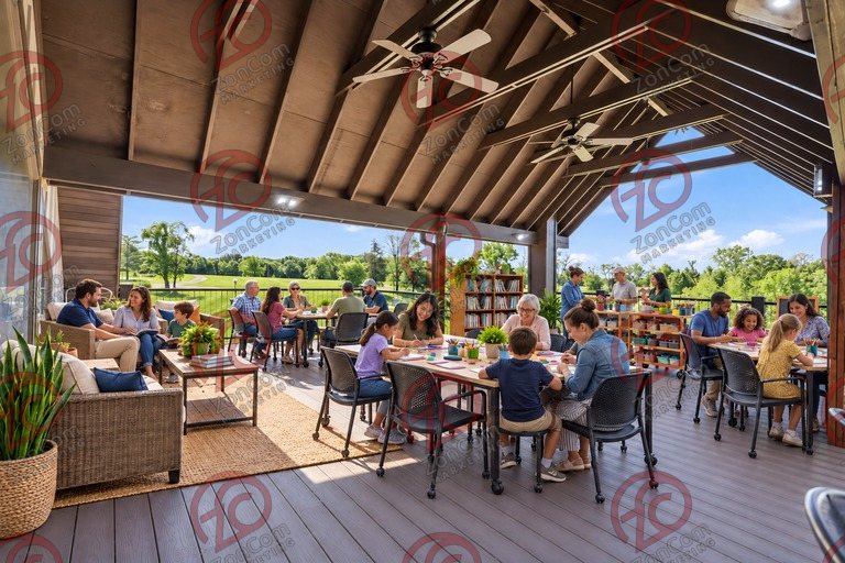 Conceptual rendering — digitally altered: Community & nonprofit, upper deck, view 7 of 10, made from the photograph “Covered upper deck under the timber gable”.