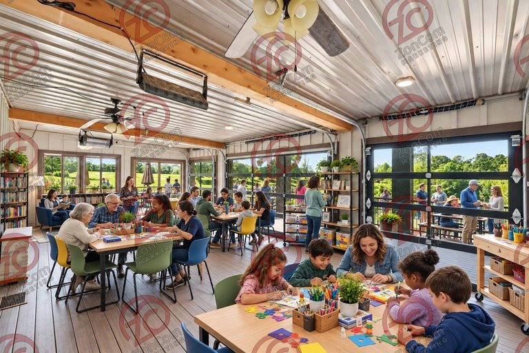 Conceptual rendering — digitally altered: Community & nonprofit, enclosed porch, view 8 of 10, made from the photograph “Enclosed porch with glass overhead doors, ceiling fans and radiant heaters”.