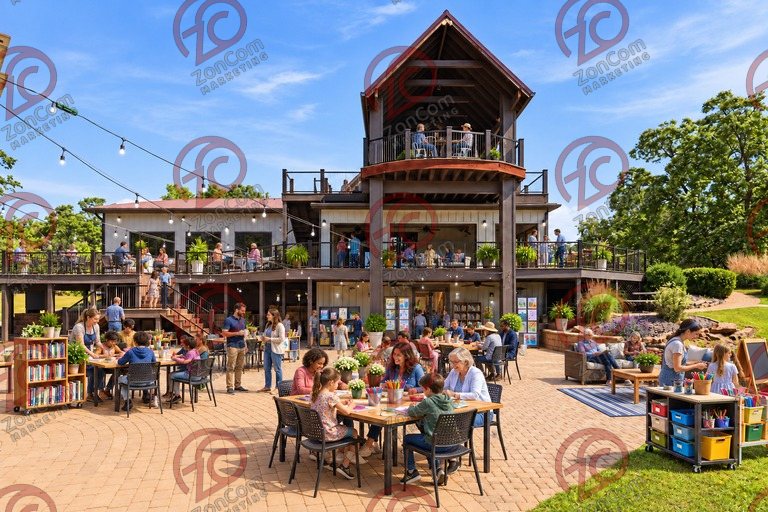 Conceptual rendering — digitally altered: Community & nonprofit, patio, view 9 of 10, made from the photograph “Lower patio under the string lights, covered upper deck above”.