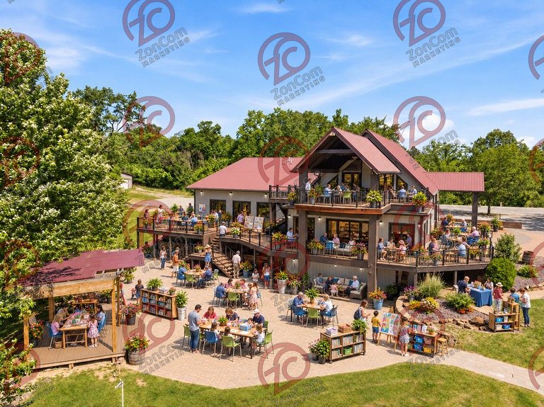 Conceptual rendering — digitally altered: Community & nonprofit, aerial, view 10 of 10, made from the photograph “Stacked decks, patio and pergola”.