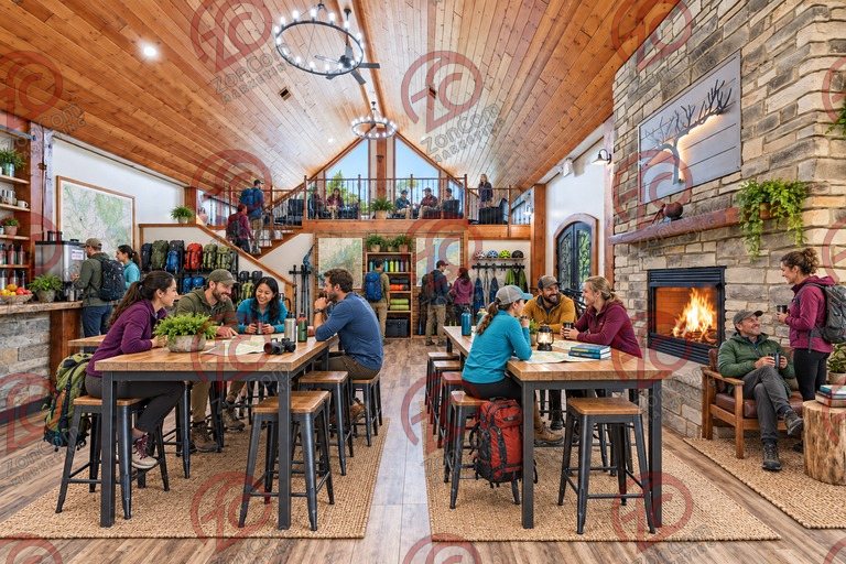 Conceptual rendering — digitally altered: Outdoor recreation, great hall, view 1 of 10, made from the photograph “Great hall with both fireplace and loft in view”.