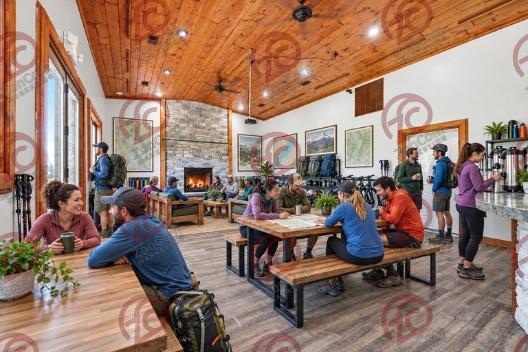 Conceptual rendering — digitally altered: Outdoor recreation, dining room, view 3 of 10, made from the photograph “Dining room with cathedral pine ceiling and stone fireplace”.