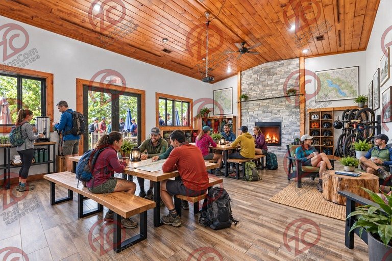 Conceptual rendering — digitally altered: Outdoor recreation, dining room, view 4 of 10, made from the photograph “Dining room toward the fireplace, windows to the north deck”.