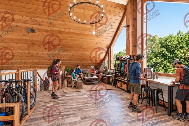 Conceptual rendering — digitally altered: Outdoor recreation, loft, view 5 of 10, made from the photograph “Loft lounge at the top of the stair”.