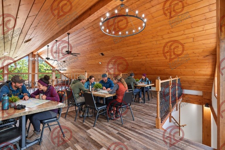Conceptual rendering — digitally altered: Outdoor recreation, loft, view 6 of 10, made from the photograph “Loft gathering room overlooking the great hall”.