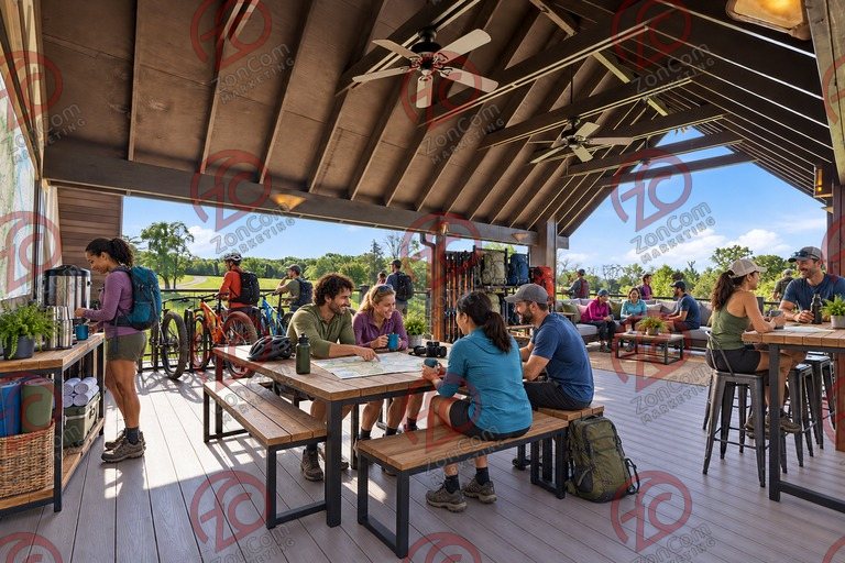Conceptual rendering — digitally altered: Outdoor recreation, upper deck, view 7 of 10, made from the photograph “Covered upper deck under the timber gable”.