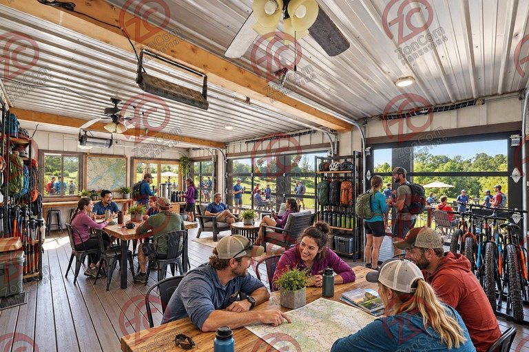 Conceptual rendering — digitally altered: Outdoor recreation, enclosed porch, view 8 of 10, made from the photograph “Enclosed porch with glass overhead doors, ceiling fans and radiant heaters”.