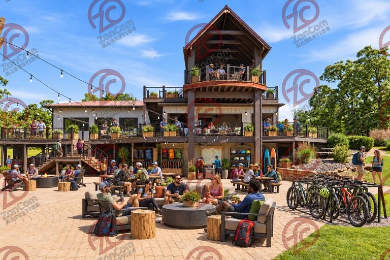 Conceptual rendering — digitally altered: Outdoor recreation, patio, view 9 of 10, made from the photograph “Lower patio under the string lights, covered upper deck above”.