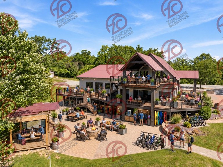 Conceptual rendering — digitally altered: Outdoor recreation, aerial, view 10 of 10, made from the photograph “Stacked decks, patio and pergola”.
