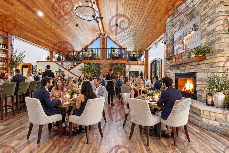 Conceptual rendering — digitally altered: Restaurant & catering, great hall, view 1 of 10, made from the photograph “Great hall with both fireplace and loft in view”.