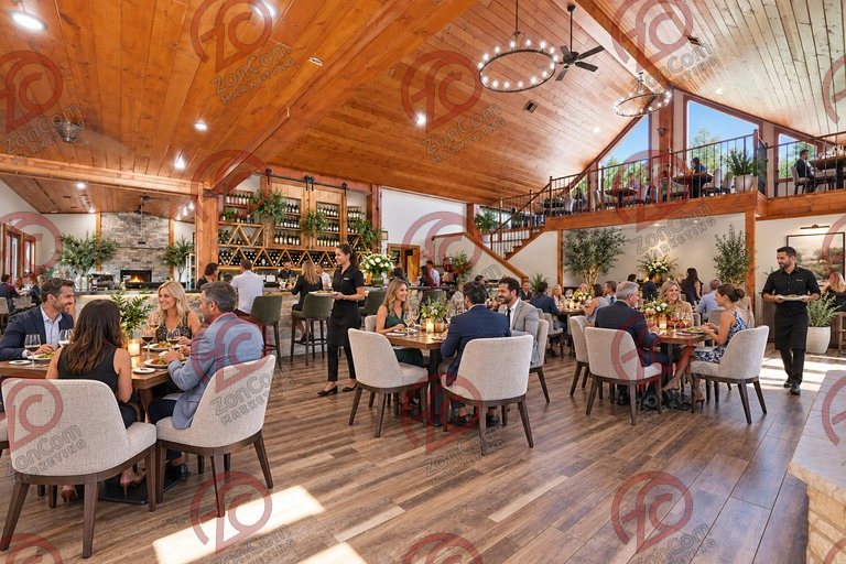 Conceptual rendering — digitally altered: Restaurant & catering, great hall, view 2 of 10, made from the photograph “Great hall from the bar side; second fireplace visible in the adjoining room”.