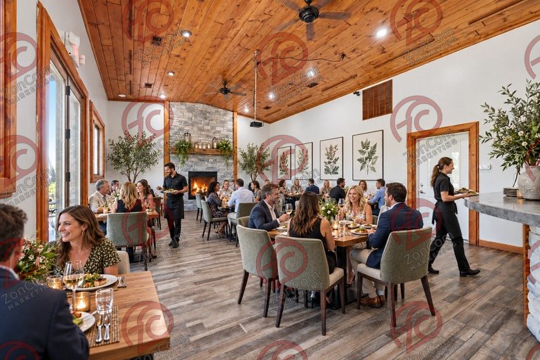Conceptual rendering — digitally altered: Restaurant & catering, dining room, view 3 of 10, made from the photograph “Dining room with cathedral pine ceiling and stone fireplace”.