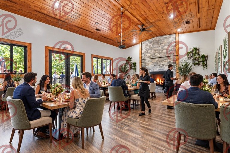 Conceptual rendering — digitally altered: Restaurant & catering, dining room, view 4 of 10, made from the photograph “Dining room toward the fireplace, windows to the north deck”.