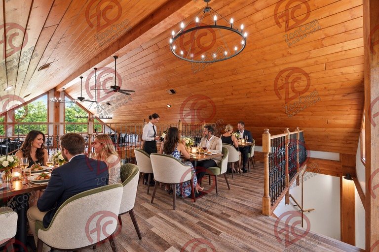 Conceptual rendering — digitally altered: Restaurant & catering, loft, view 6 of 10, made from the photograph “Loft gathering room overlooking the great hall”.