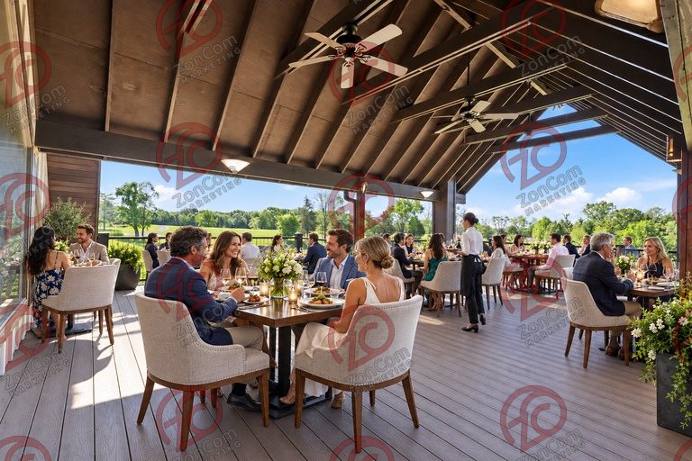Conceptual rendering — digitally altered: Restaurant & catering, upper deck, view 7 of 10, made from the photograph “Covered upper deck under the timber gable”.