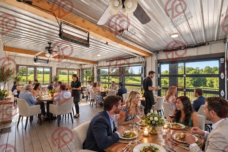 Conceptual rendering — digitally altered: Restaurant & catering, enclosed porch, view 8 of 10, made from the photograph “Enclosed porch with glass overhead doors, ceiling fans and radiant heaters”.