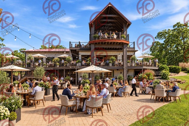 Conceptual rendering — digitally altered: Restaurant & catering, patio, view 9 of 10, made from the photograph “Lower patio under the string lights, covered upper deck above”.