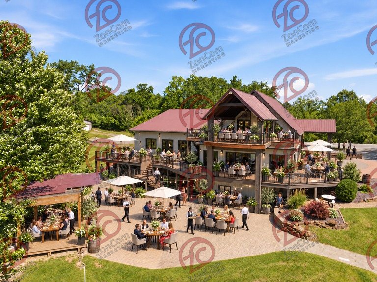 Conceptual rendering — digitally altered: Restaurant & catering, aerial, view 10 of 10, made from the photograph “Stacked decks, patio and pergola”.