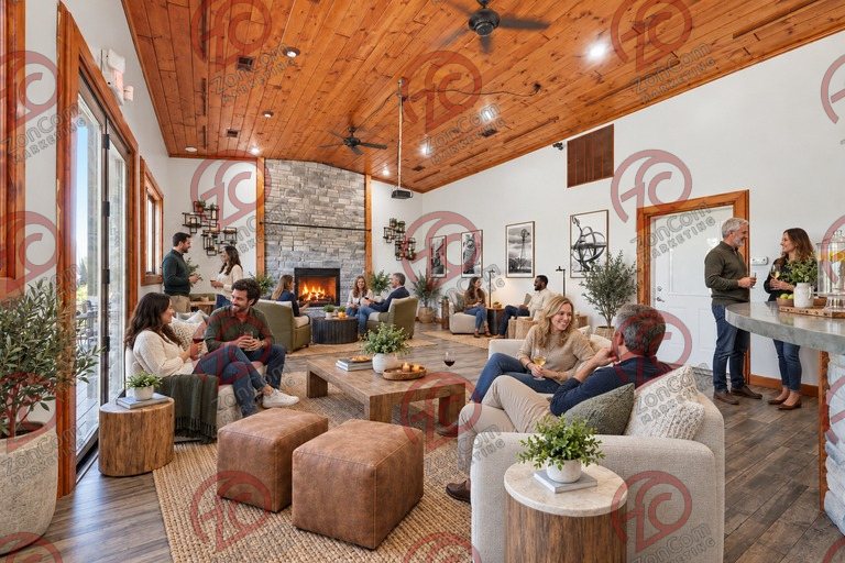 Conceptual rendering — digitally altered: Retreats & hospitality, dining room, view 3 of 10, made from the photograph “Dining room with cathedral pine ceiling and stone fireplace”.