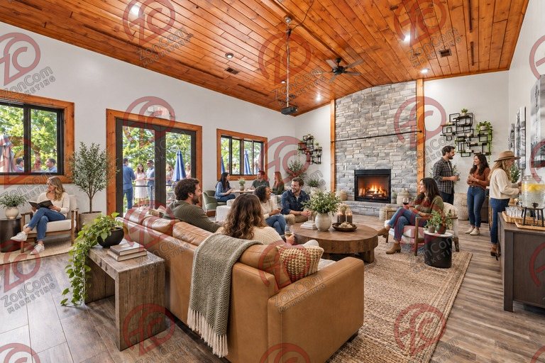 Conceptual rendering — digitally altered: Retreats & hospitality, dining room, view 4 of 10, made from the photograph “Dining room toward the fireplace, windows to the north deck”.
